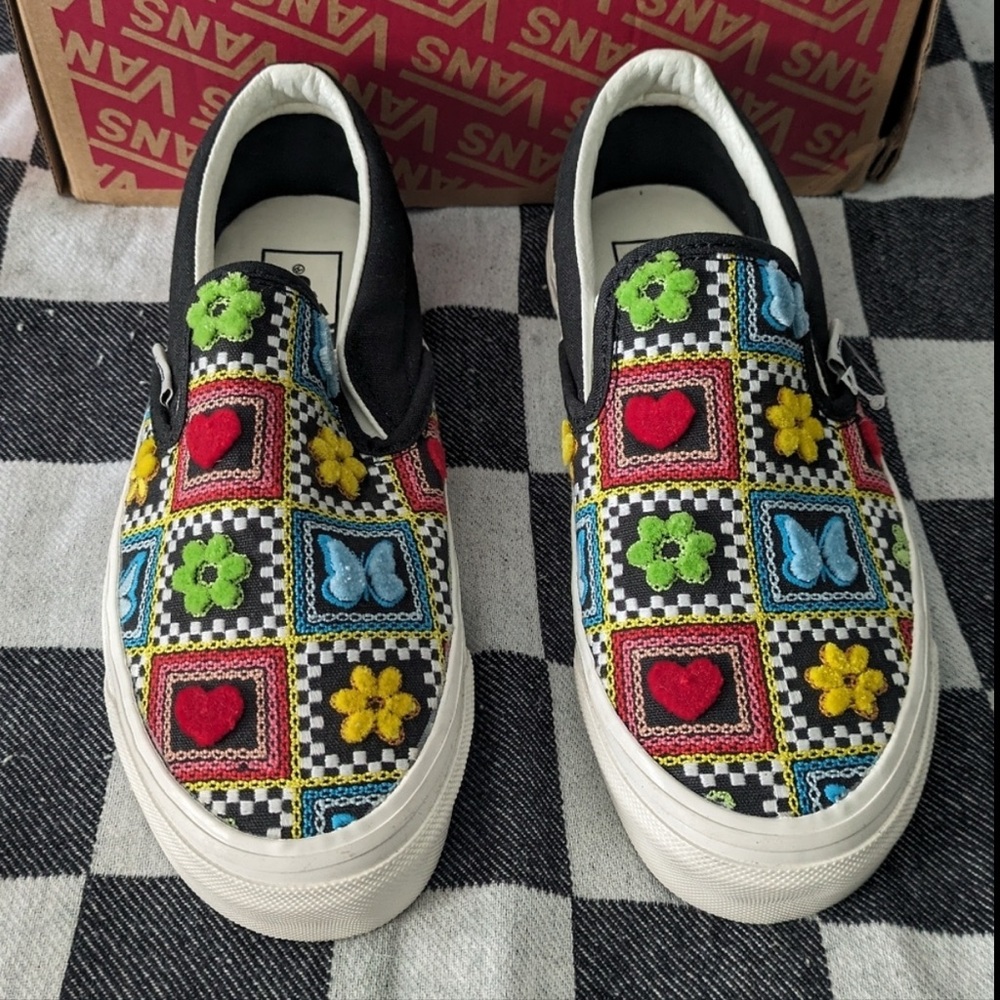 Vans Classic Slip On Women 5.5 Embroidered Craft Brown White Multicolor 012025